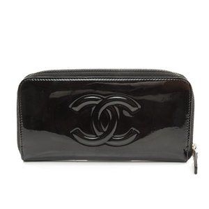 Auth Chanel Zippy Wallet Enamel Black #16962C20